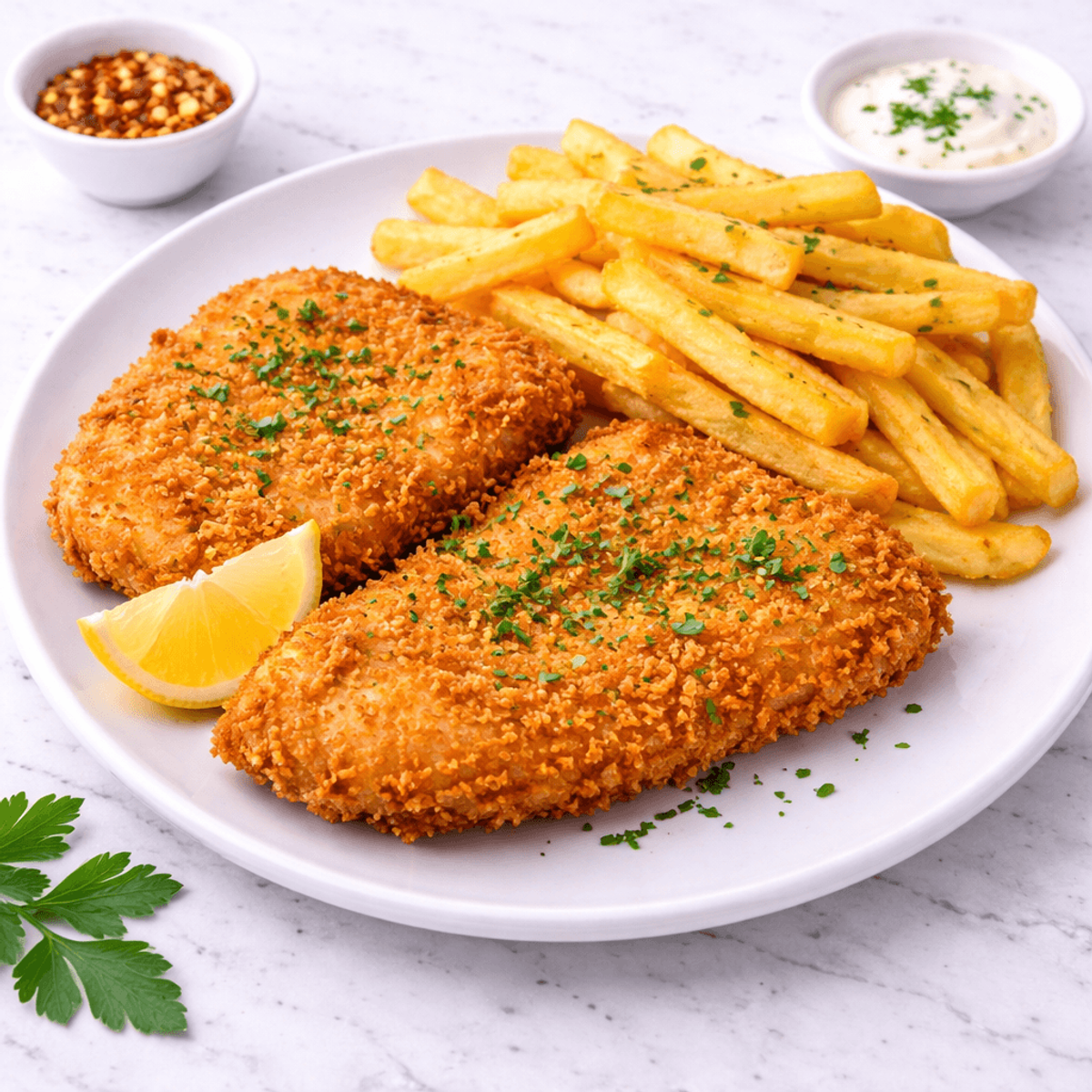 Snitel de pui Panko cu garnitura